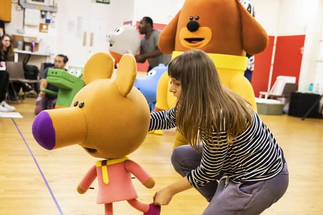 Jane Crawshaw in rehearsals for Hey Duggee The Live Theatre Show. Photography by Pamela Raith.