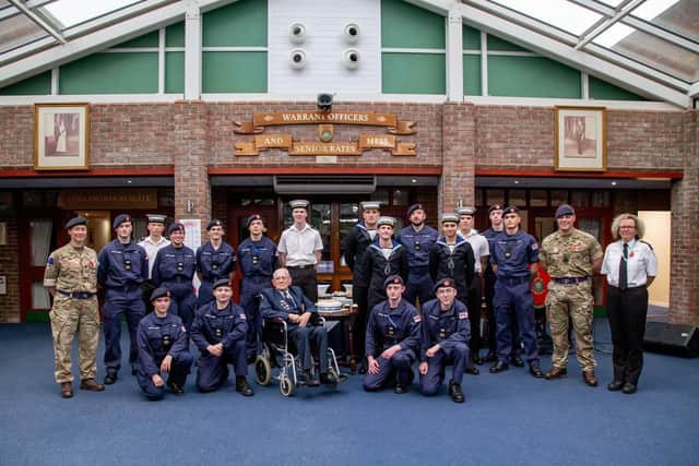 World War Two veteran Bernard Beckett visits HMS Collingwood to celebrate his birthday on Monday 31st October 2022
Pictured: Bernard Beckett with HMS Collingwood Phase 2 trainees at HMS Collingwood, Gosport
Picture: Habibur Rahman