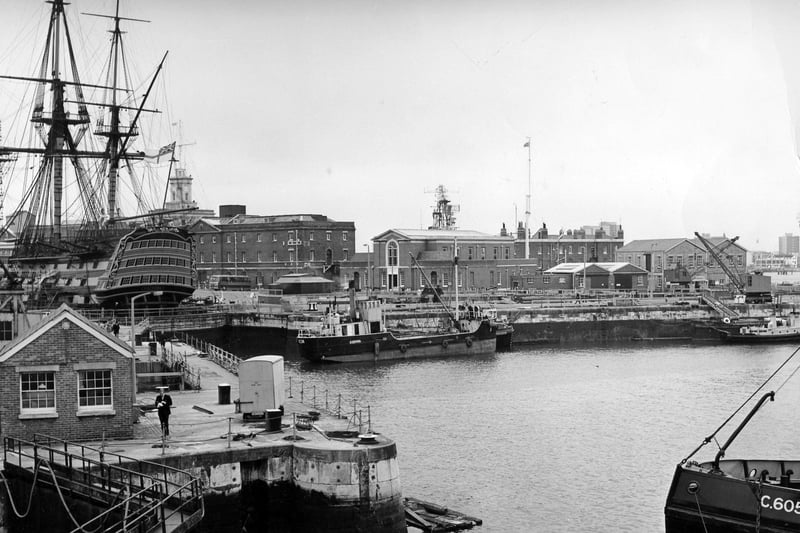 Portsmouth Basin No.1 with Nelson's Flagship HMS Victory now preserved in dry dock, 1987. The News PP5645