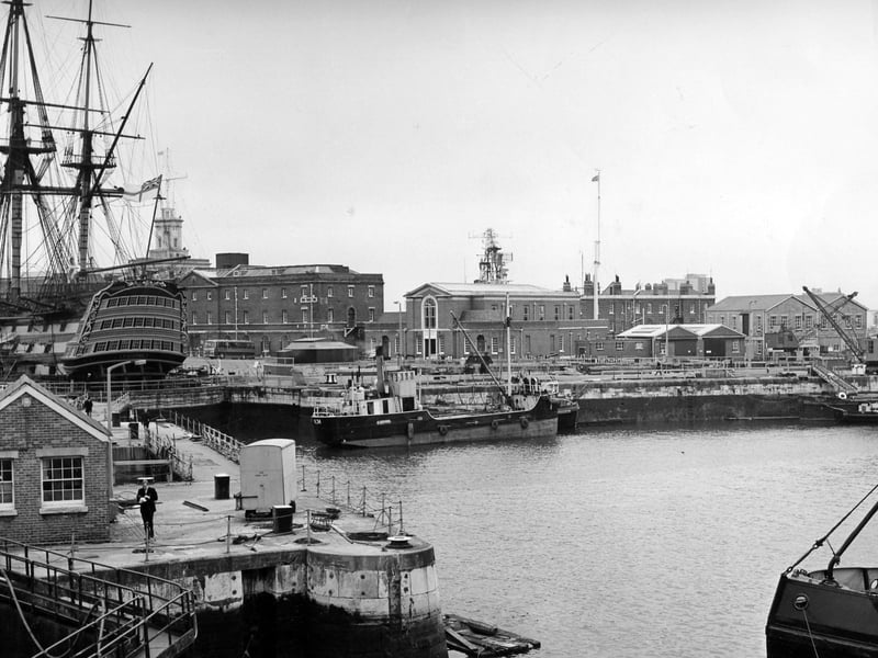 Portsmouth Basin No.1 with Nelson's Flagship HMS Victory now preserved in dry dock, 1987. The News PP5645