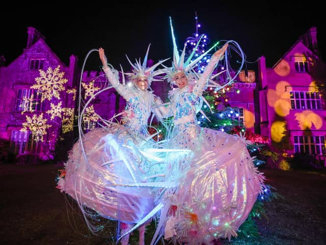 Snow Queens in front of Marwell Hall at Glow Marwell