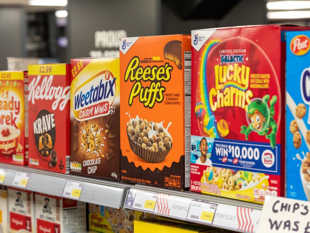 Dozens of American breakfast cereals stack the shelves, including Lucky Charms. Picture: Mike Cooter (161221).