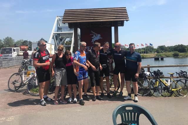 Bikers will be taking part in a charity bike challenge and they will ride 300 miles to honour the D-Day landings. 
Pictured: Cyclists at The Pegasus Bridge, Cannes.