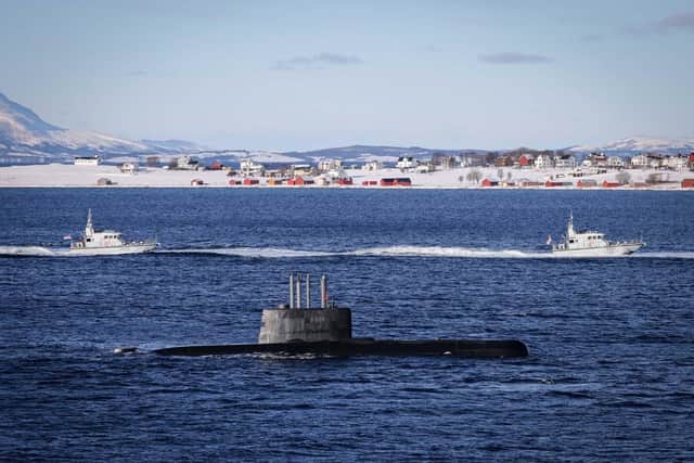 Pictured: HNoMS Uredd a ULA class Submarine, along with 2 UK P2000 Patrol vessels. Picture: LPhot Bill Spurr/Royal Navy.