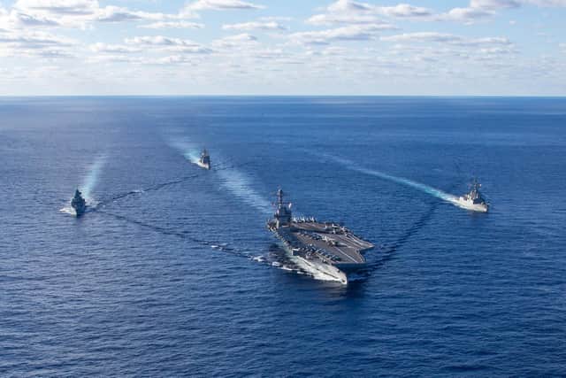 The first-in-class aircraft carrier USS Gerald R. Ford (CVN 78) steams in formation with Spanish Armada frigate Alv‡ro de Baz‡n (F 101), German frigate FGS Hessen (F 221) and Ticonderoga-class cruiser USS Normandy (CG 60) last month in the Atlantic Ocean Picture: US Navy, by Mass Communication Specialist 3rd Class Jacob Mattingly