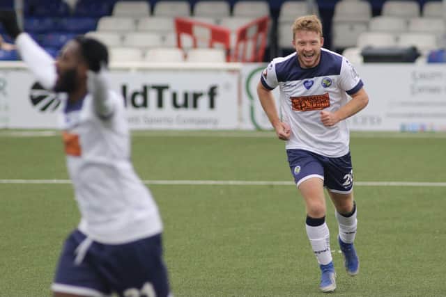 Tommy Wright all smiles after his late winner at Billericay. Pic: Kieron Louloudis.