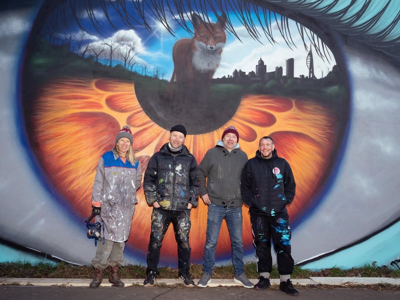 Street artist My Dog Sighs - whose Portsmouth-wide treasure hunt is running over the Easter 2023 weekend - has not only brightened up large parts of the city but has made a very respected name for himself. PIctured at Hilsea Lido are Sadie Tierney, My Dog Sighs, Matt Dixon and Samo  (260221-29)