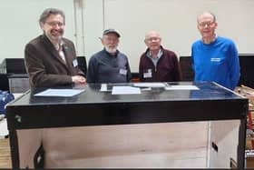 Above left to right, Councillor Paul Tansom - Deputy Mayor, Havant Borough Council and Ward Councillor for Purbrook, who also has a leading role in RCH, plus Malcolm Wilkins of the Woodworking Team, who led the repair, aided by Maurice Baker – and Harry Woodroof, Chairman of SMVC.