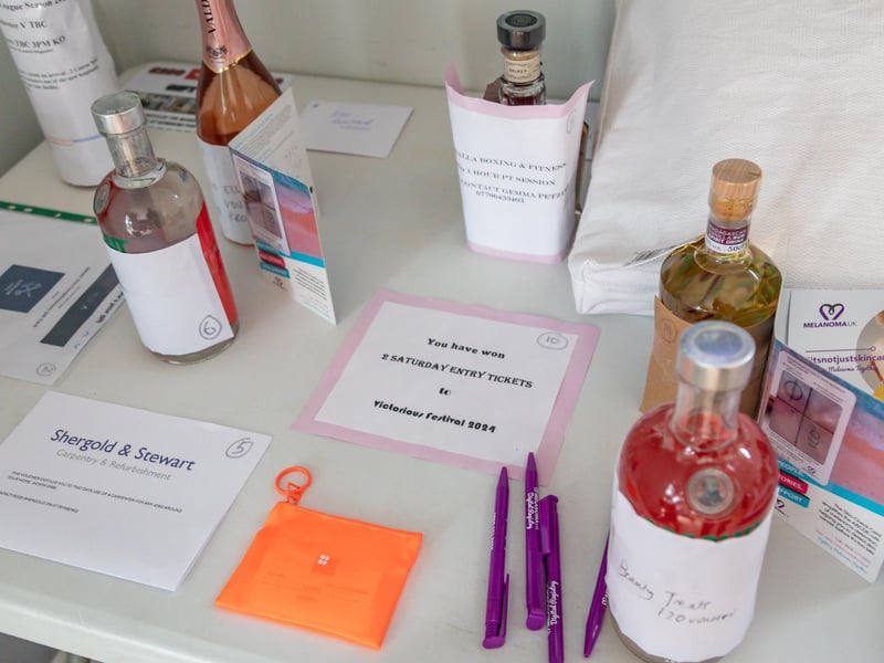 A selection of the raffle prizes on offer at the charity football event for Melanoma UK at the PMC stadium.