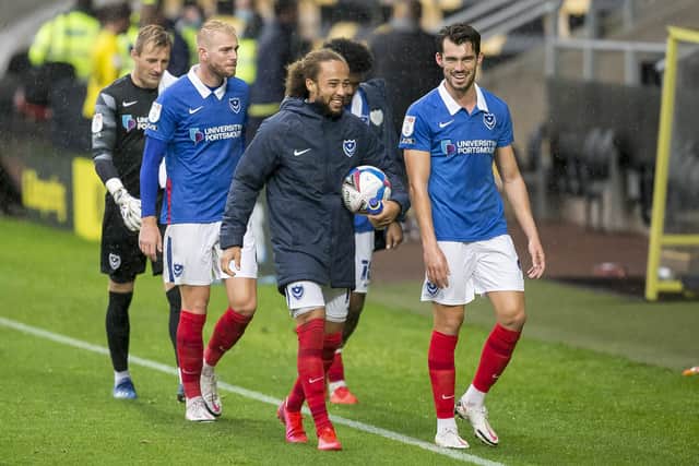 Marcus Harness clutches the match ball following his Burton hat-trick. Pompey have now earmarked him for an ongoing centre-forward role. Picture: Daniel Chesterton/phcimages.com