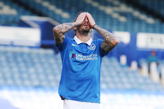 Ryan Williams is in agony after a goal-scoring opportunity for Pompey went begging in Saturday's disappointing draw with Shrewsbury. Picture: Joe Pepler