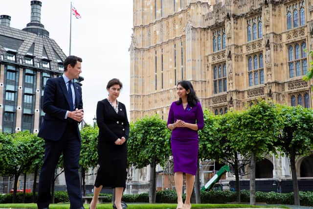 Left to right, Alex Chalk, UK's solicitor general, with Ukraine's prosecutor general  Iryna Venediktova and Britain's attorney general and Fareham MP, Suella Braverman in London for a visit to discuss how the UK can provide more support to Ukraine to bring Russian war criminals to justice. Photo: Parliament