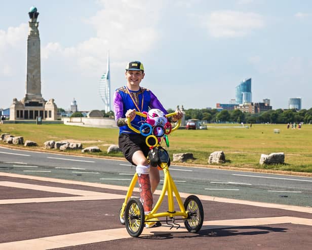 Harley Salter on his Alinker bike, which he will be using on his bid to complete the Great South Run 2023.