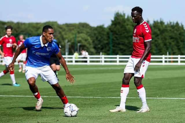 Haji Mnoga challenges Bristol City's Saikou Janneh in Tuesday's friendly. Picture: Rogan/JMP