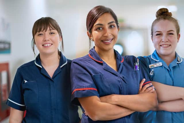 Picture shows: (L-R) Katie Betteridge (Midwife), Hazera Noory (Matron, Respiratory) and Caitlin Horner (Staff Nurse, Spinal Orthopaedics) who feature in series two of the UKTV documentary, Nurses on The Ward (Photo by UKTV: Nurses on The Ward)