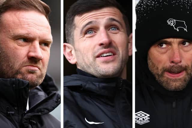 From left: Bolton boss Ian Evatt, Pompey boss John Mousinho and Derby's Paul Warne.