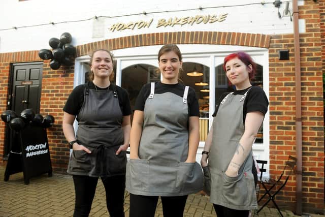Hoxton Bakehouse officially opened in Brook Street, Bishop's Waltham on Thursday, October 22 2020.
Pictured is: (l-r) Kate Bartlett, area manager for Hoxton Bakehouse, Kate Lister, barista, and Viktoria Nagy, store manager.
Picture: Sarah Standing (221020-6187)