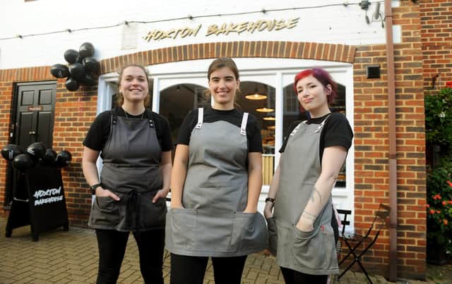Hoxton Bakehouse officially opened in Brook Street, Bishop's Waltham on Thursday, October 22 2020.
Pictured is: (l-r) Kate Bartlett, area manager for Hoxton Bakehouse, Kate Lister, barista, and Viktoria Nagy, store manager.
Picture: Sarah Standing (221020-6187)