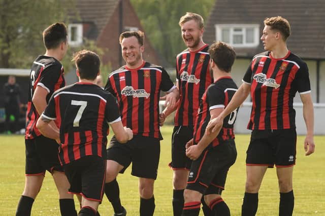 Fleetlands celebrate a goal against Sway
Picture: Keith Woodland