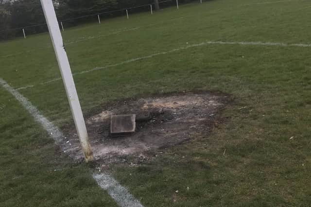 Vandalism in one of the goalmouths at Paulsgrove's home pitch