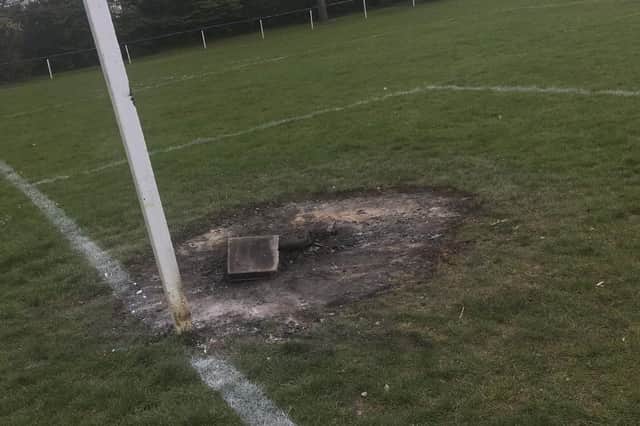 Vandalism in one of the goalmouths at Paulsgrove's home pitch
