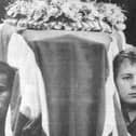 Pallbearers from the Royal Artillery carry Stephen’s coffin in the crematorium.