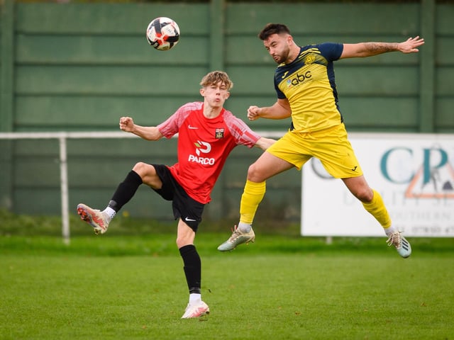Moneyfields' Jack Chandler, right, wins this header. Picture: Keith Woodland