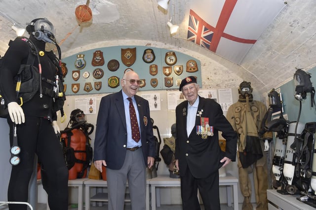 Pictured is: Mike O'Meara, chairman of the Historical Diving Society with John 'Jack' Quinn, D Day veteran.