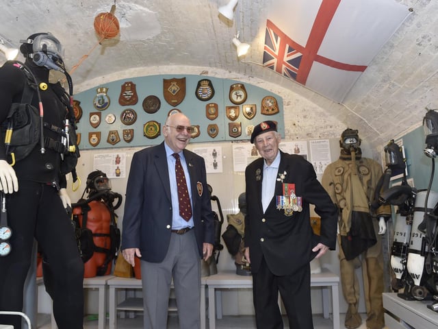 Pictured is: Mike O'Meara, chairman of the Historical Diving Society with John 'Jack' Quinn, D Day veteran.