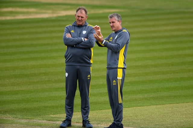 Adrian Birrell, left, with Hampshire's director of cricket Giles White. Photo by Harry Trump/Getty Images.
