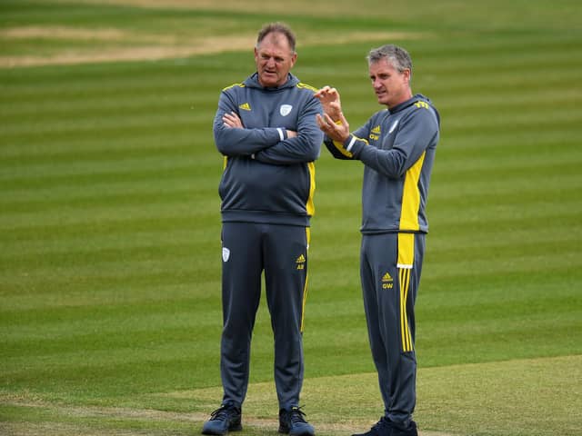 Adrian Birrell, left, with Hampshire's director of cricket Giles White. Photo by Harry Trump/Getty Images.