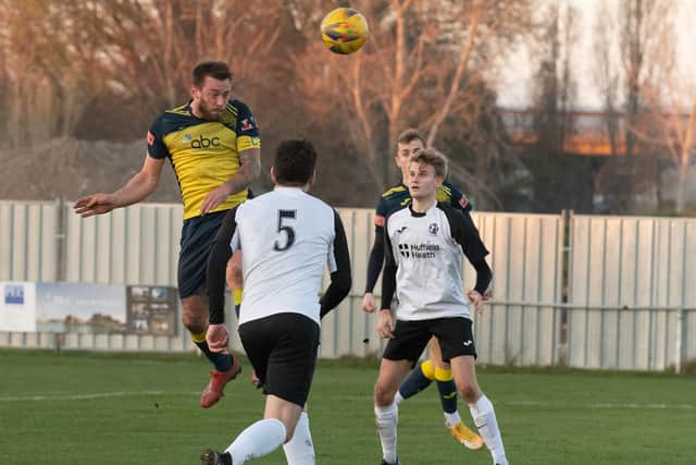 Steve Hutchings heads his 250th Moneyfields goal in the 4-1 win against Stoneham.

Picture: Keith Woodland