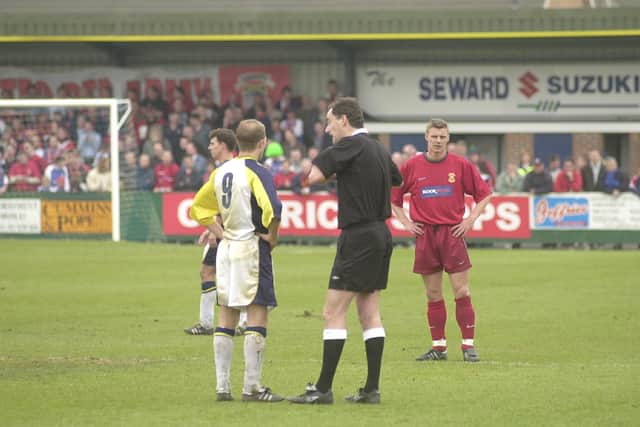 Bobby Howe about to be dismissed during Hawks' FA Trophy semi-final second leg with Tamworth. PICTURE: MICHAEL SCADDAN