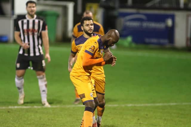 Bedsente Gomis reacts after his penalty was saved by Ryan Clarke. Pic: Kieron Louloudis.