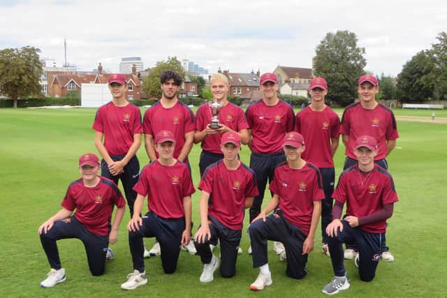 Havant's Under-17 Kerry Cup winners. Back (from left): Finn Russell, Jack Lee, Ollie Parkins (captain), Morgan Cripps, Freddie Gadd, Alfie Taw.
Front: Matty Hayward, Dan Aitken, Harvey Hounsome, Charlie Whitfield, Darryn Stares. Pic: Mike Vimpany.