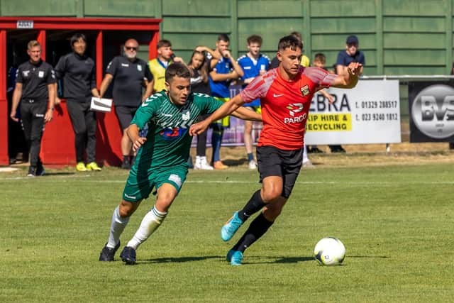 Fareham's Jack Breed in action against Hythe & Dibden. Picture: Mike Cooter