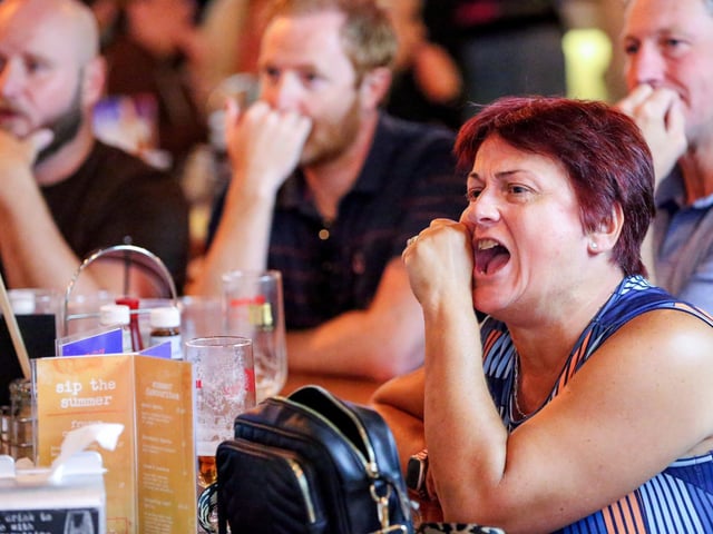 Fans watch Netherlands v England, UEFA Euros 2024 semi-final played in Dortmund, at Village Hotel, Lakeshore Drive, CoshamPicture: Chris  Moorhouse (100724-088)