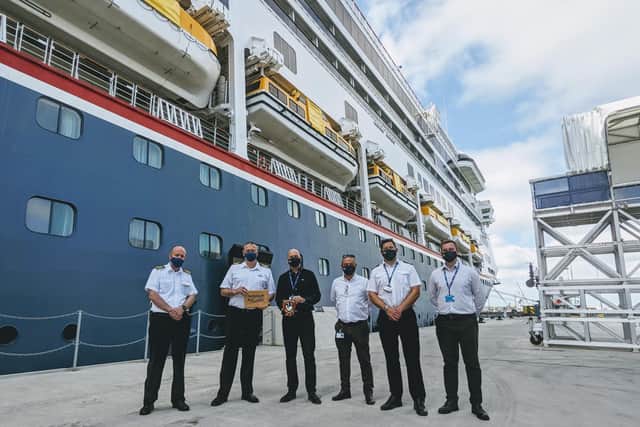 A plaque exchange between the port and the ship took place earlier today. From L-R: Steffan Ravneng (Staff Captain of Borealis), Jozo Glavic (Captain of Borealis), Mike Sellers (Port director, Portsmouth International Port), Ian Diaper, (Head of operations, Portsmouth International Port), Ben McInnes (Harbour master, Portsmouth International Port), Andrew Williamson (Passenger operations manager, Portsmouth International Port)
Picture: Andrew Sassoli-Walker