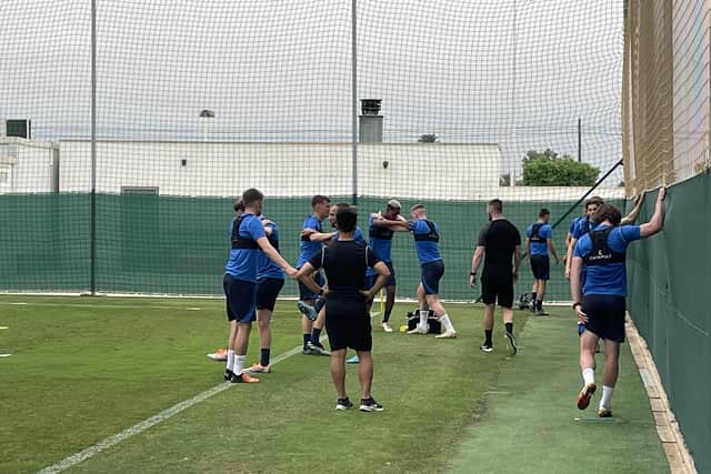 Pompey's players during their first training session of their week-long training camp in Murcia, Spain
