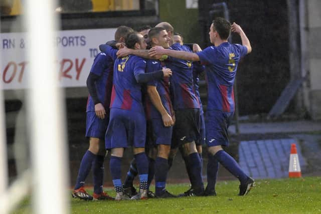 US Portsmouth celebrate one of their 86 Wessex League goals in 2019/20. Picture: Ian Hargreaves
