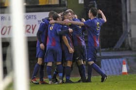 US Portsmouth celebrate one of their 86 Wessex League goals in 2019/20. Picture: Ian Hargreaves