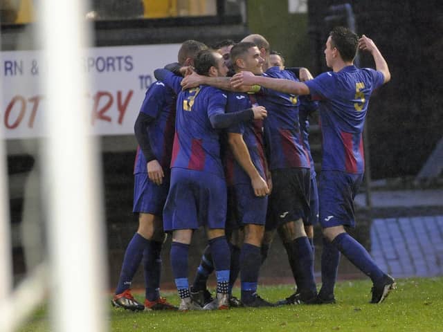 US Portsmouth celebrate one of their 86 Wessex League goals in 2019/20. Picture: Ian Hargreaves