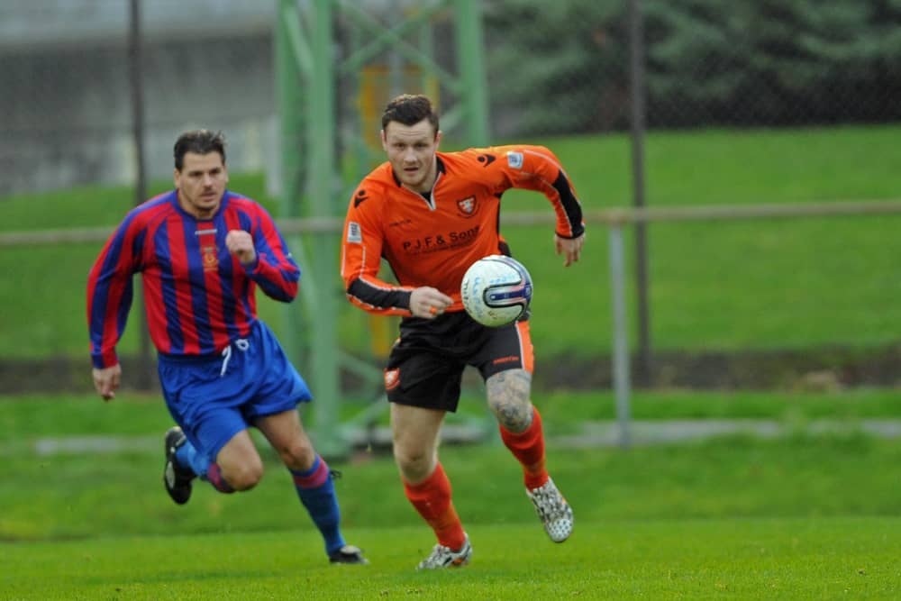 Joe Noakes, right, in FA Vase action for AFC Portchester against US Portsmouth in 2014. Picture: Ian Hargreaves