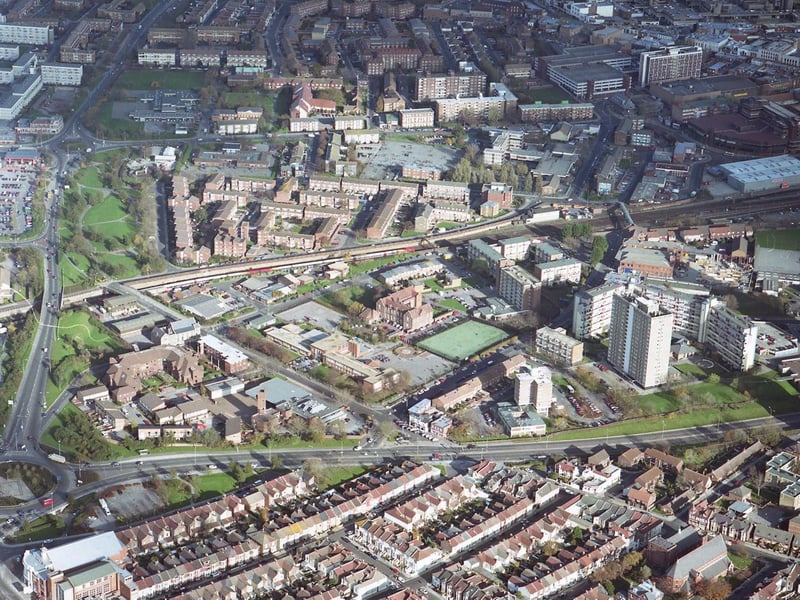 An aerial view of Fratton Bridge/Somers Road, Portsmouth in 1998.