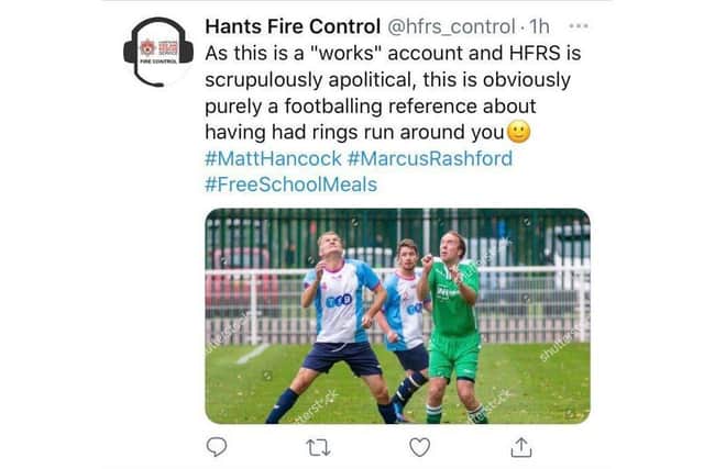 A tweet by the control room at Hampshire Fire and Rescue Service poking fun at health secretary Matt Hancock