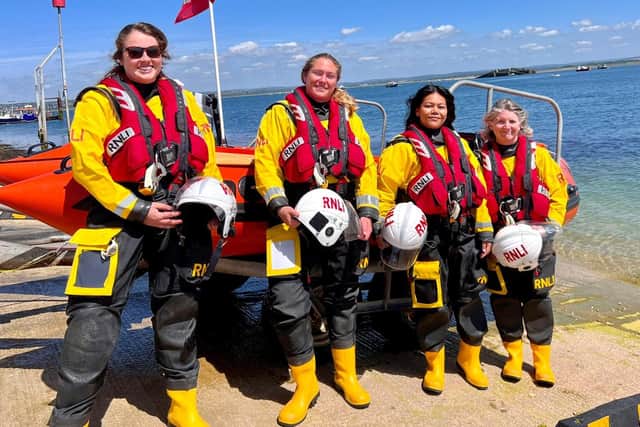 From left to right, Kim Dugan, Mary Sutherland, Rinyda Thintanarapes, and Jane McMaster on crew training.
Credit: RNLI/Portsmouth Lifeboat Station