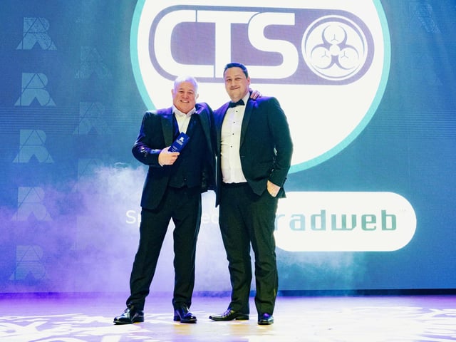 Steve Rad, of Radweb, presents Sean Codling of CTS Europe with the Global Business of the Year award.  Picture: Keith Woodland (270321-82)