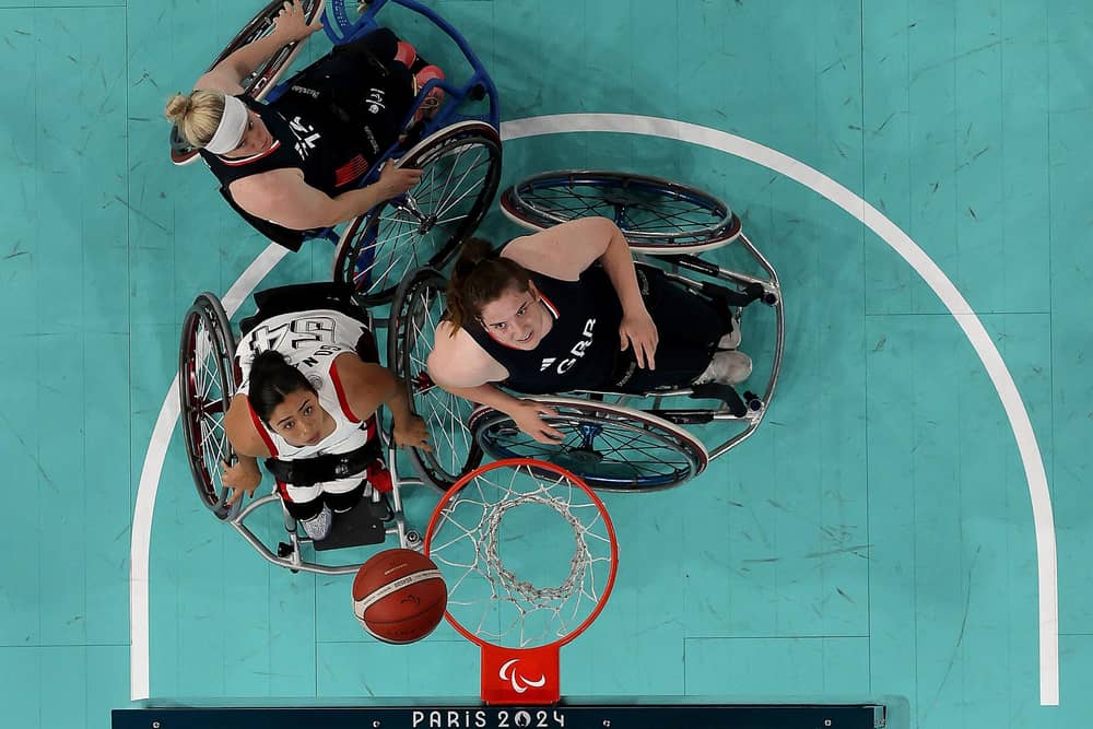 Jade Atkin, right, in action against the USA during the Wheelchair Basketball quarter-final at the Paris Paralympics. Picture: Steph Chambers/Getty Images