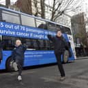 The NHS ’Bus-ting Cancer Tour’ in Guildhall Walk, Portsmouth on Friday, December 1, 2023, for the first time. 
Pictured is: (l-r) Danielle Robertson, Rachel Hibbert and Dr Richard Roope.
Picture: Sarah Standing (011223-2826)