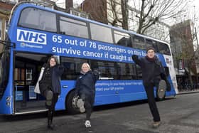 The NHS ’Bus-ting Cancer Tour’ in Guildhall Walk, Portsmouth on Friday, December 1, 2023, for the first time. 
Pictured is: (l-r) Danielle Robertson, Rachel Hibbert and Dr Richard Roope.
Picture: Sarah Standing (011223-2826)